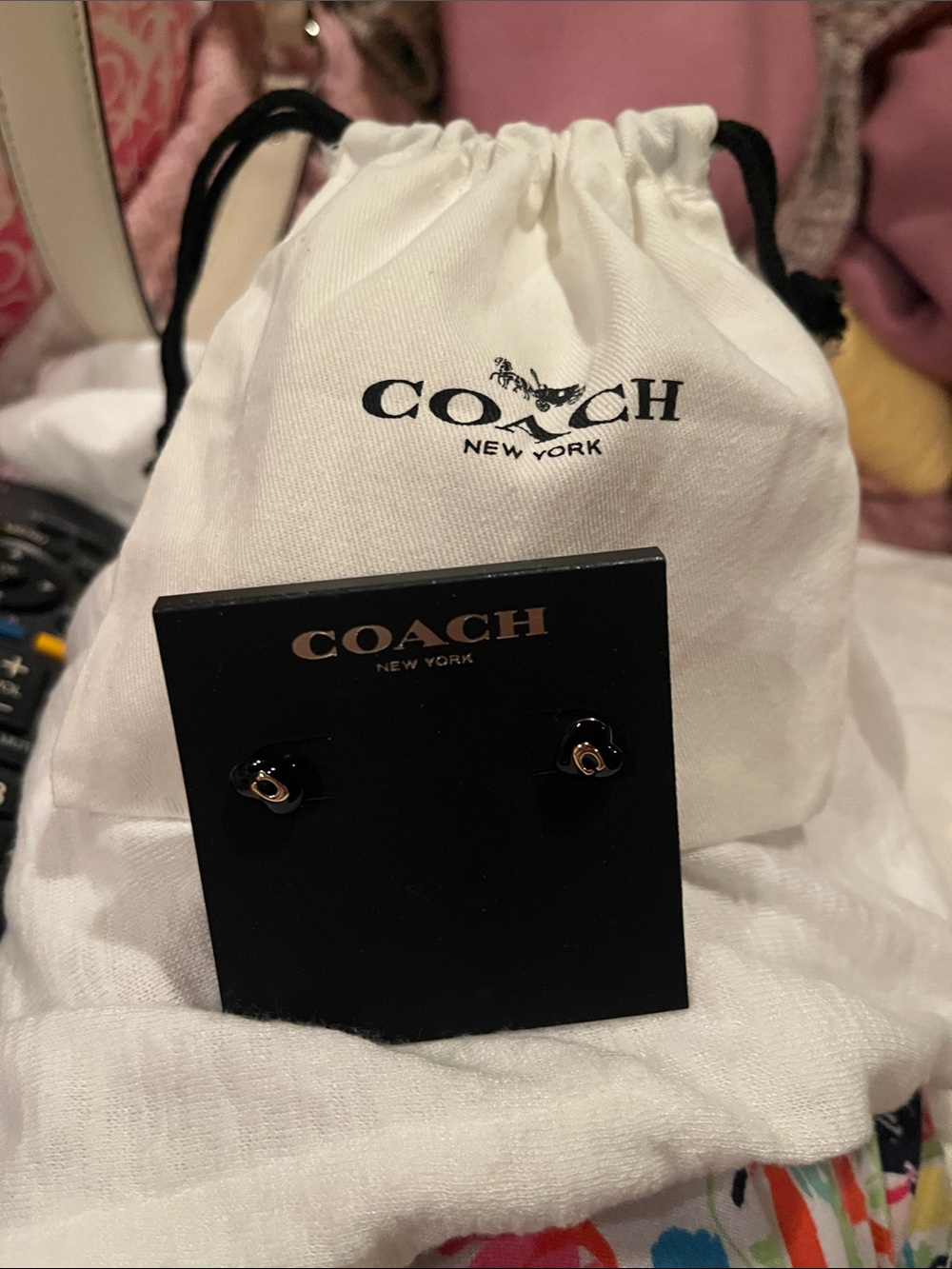 COACH Black and Gold Heart Logo Stud Earrings